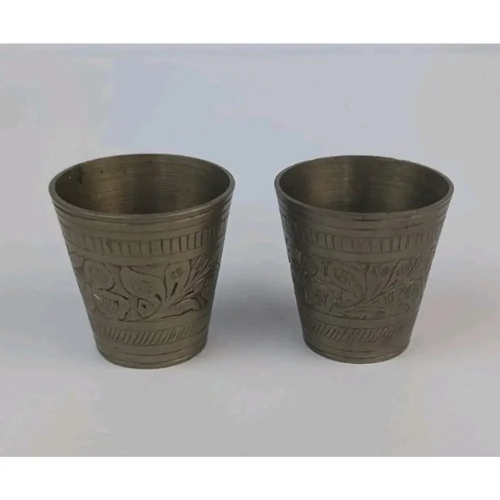 Vintage Brass Shot Glasses Set of 2 Etched Floral Metal Cups India Barware